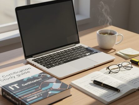 정보처리기사 수험서와 노트북, 필기도구가 책상 위에 정돈되어 있는 학습 환경