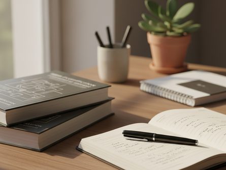 두 권의 IT 자격증 교재와 펜, 노트가 놓인 책상