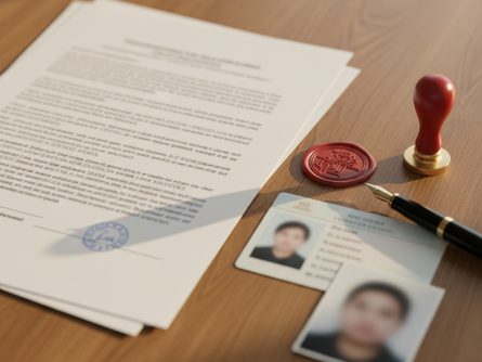 나무 책상 위에 놓인 공식 문서 서류, 도장, 신분증, 증명사진, 만년필