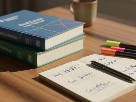 나무 책상 위에 놓인 부동산 관련 법령 교재들과 펜, 노트, 형광펜