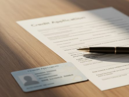 나무 책상 위에 펼쳐진 신용카드 신청서와 볼펜, 신분증이 놓여 있는 모습