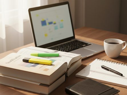 책상 위에 놓인 자격증 교재와 노트북, 형광펜, 수첩, 커피잔이 있는 학습 환경