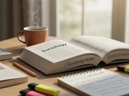 책상 위에 놓인 사회학 전공 교재와 노트, 연필, 형광펜, 커피잔