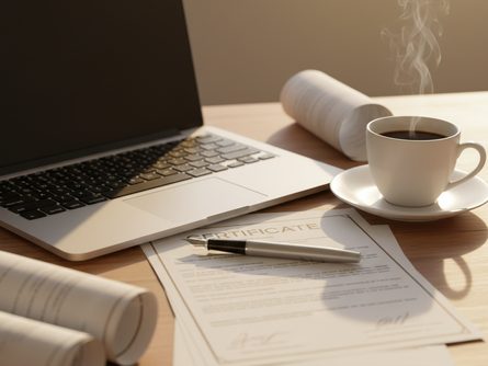 노트북 키보드 위에 놓인 자격증 서류와 펜, 커피잔이 있는 책상