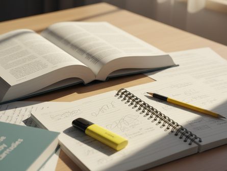 펼쳐진 요양보호 교재와 노트, 형광펜, 연필이 놓인 책상