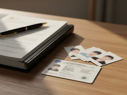 나무 책상 위에 놓인 신분증, 증명사진 몇 장, 검은색 볼펜, 그리고 공문서 서류철