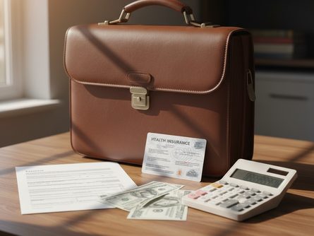 탁자 위에 놓인 서류 가방, 건강보험증, 지폐와 계산기