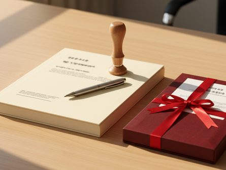 사무실 책상 위에 놓인 공인자격증 서류철과 도장, 펜, 빨간 리본이 달린 자격증 케이스