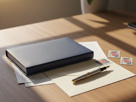 책상 위에 놓인 자격증 케이스, 펜, 봉투, 우표