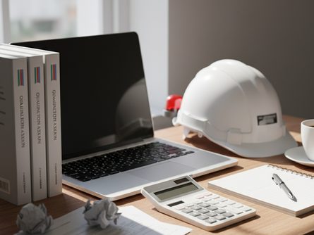 두 권의 자격증 수험서와 노트북, 안전모, 계산기가 놓인 책상