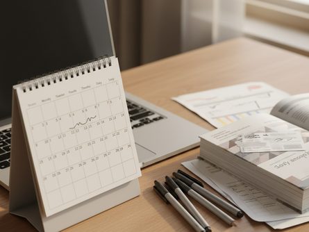 노트북 키보드 위에 달력과 필기구, 자격증 교재가 놓인 책상