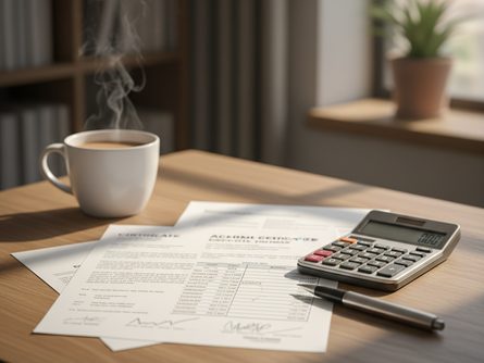 책상 위에 펼쳐진 자격증 서류, 학점 계산기, 펜, 그리고 커피 잔이 놓인 모습