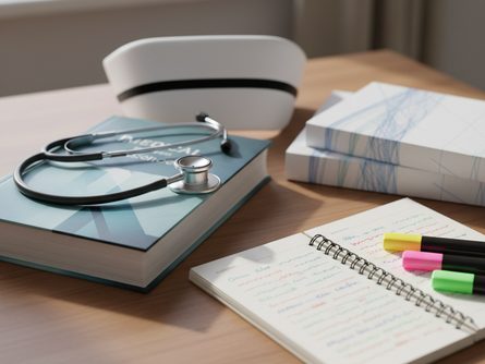 책상 위에 놓인 의학 교재와 청진기, 공부 노트, 형광펜, 간호사 모자가 정리되어 있는 모습