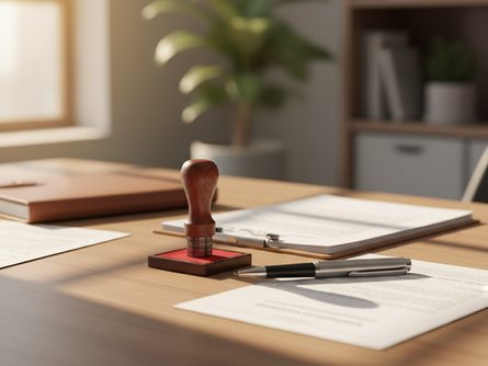 부동산 계약서와 도장, 볼펜이 놓인 사무 책상