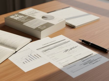 시험 응시표, 볼펜, 수험서가 나무 책상 위에 정돈되어 있는 모습