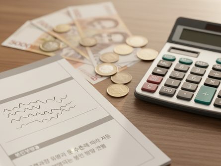 나무 책상 위에 펼쳐진 지폐와 동전, 계산기와 훈련비 안내 책자가 함께 놓인 모습