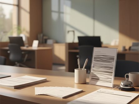 은행 창구 데스크와 전단지, 신청서가 놓인 카운터 풍경