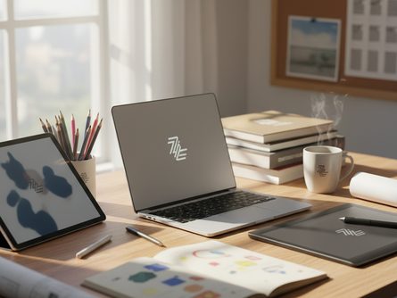 노트북, 태블릿, 디자인 도구들이 놓인 책상 위 작업 공간