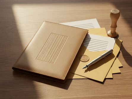 나무 책상 위에 놓인 자격증 홀더, 도장, 서류 봉투, 펜