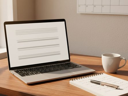 나무 책상 위에 놓인 열린 노트북, 메모장, 커피 잔, 볼펜, 그리고 벽에 걸린 달력