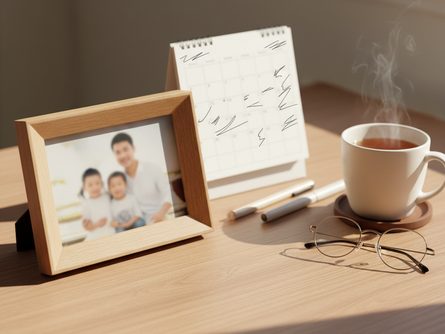 나무 책상 위에 가족 사진 액자와 달력, 펜이 놓여 있고, 옆에는 따뜻한 차가 담긴 머그컵과 안경이 놓여 있는 모습