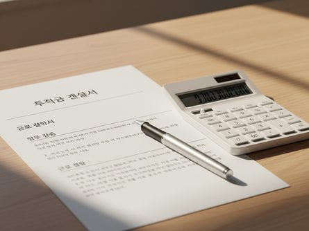 책상 위에 놓인 퇴직금 계산서와 계약서, 볼펜과 계산기
