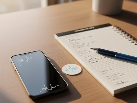 책상 위에 놓인 스마트폰, NFC 태그, 요양보호사 근무일지, 볼펜