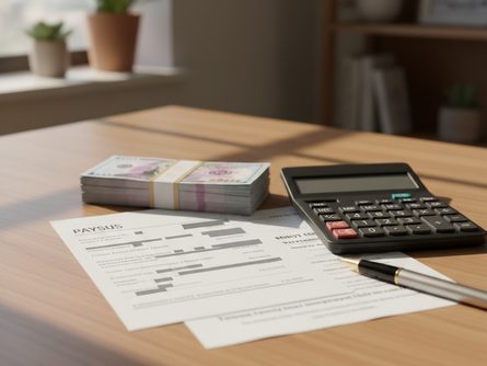 책상 위에 놓인 급여 명세서와 지폐, 계산기와 펜이 함께 배치된 모습