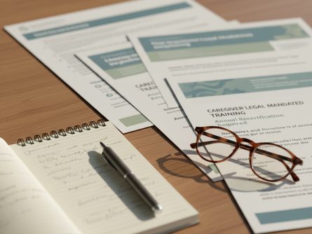 공책과 펜, 안경이 놓인 나무 책상 위에 교육 자료가 펼쳐져 있는 모습