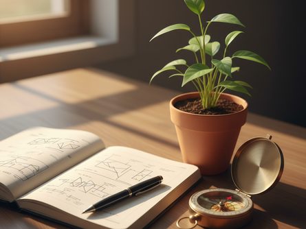 책상 위에 놓인 열린 노트와 펜, 성장하는 식물, 나침반