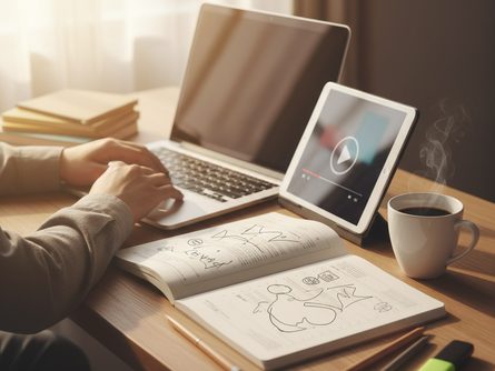 노트북 앞에 앉아 공부하는 사람, 책과 필기구가 놓인 책상, 커피 한 잔