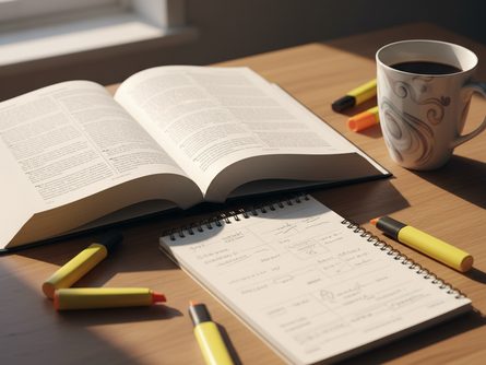 나무 책상 위에 펼쳐진 부동산 관련 서적과 노트, 형광펜, 커피잔이 놓인 학습 환경