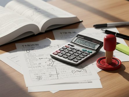 책상 위에 놓인 부동산 관련 서류와 계산기, 도장