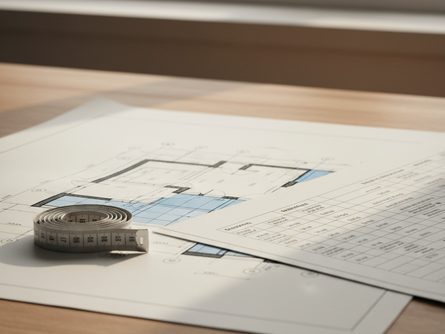 책상 위에 놓인 줄자와 건물 설계 도면, 표준 규격표가 펼쳐져 있는 모습