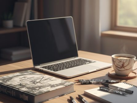 책상 위에 놓인 자격증 교재, 노트북, 필기구, 커피잔이 있는 학습 공간