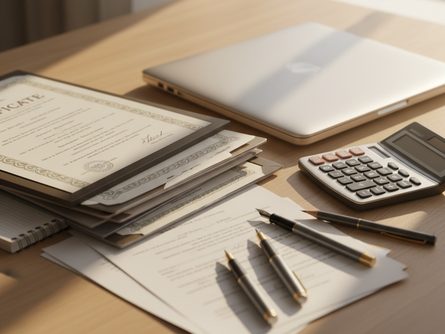 책상 위에 놓인 여러 종류의 자격증 수료증, 펜, 계산기, 노트북