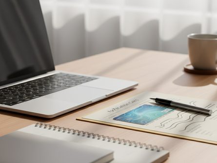 노트북 옆에 놓인 국민내일배움카드와 신청 서류, 볼펜이 있는 사무 책상