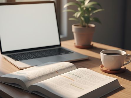 책상 위에 펼쳐진 사회복지 교재와 노트북, 커피잔이 놓여 있는 학습 공간