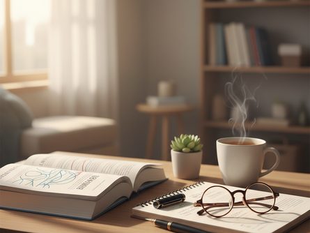 책상 위에 놓인 사회복지 교재와 노트, 펜, 안경이 함께 배치된 학습 환경