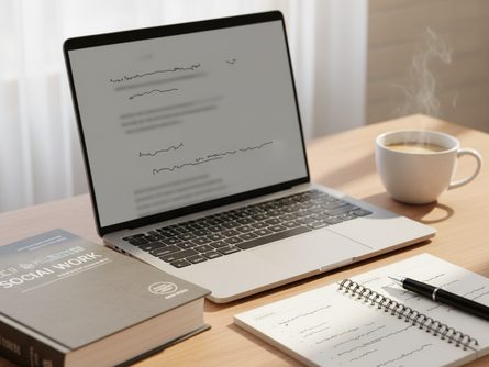 책상 위에 놓인 노트북, 두꺼운 사회복지학 교재, 메모장과 펜, 커피 잔이 있는 학습 공간