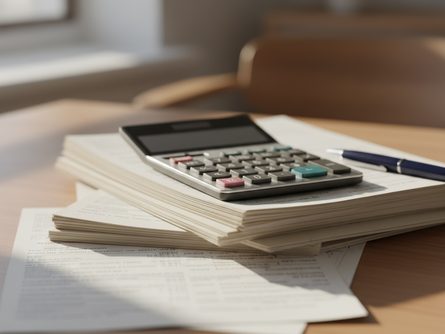 사회복지 관련 서류와 계산기, 볼펜이 놓인 책상 위 풍경