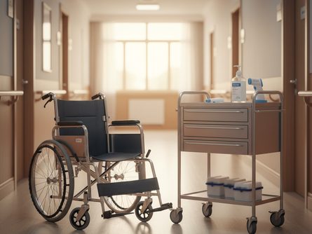 노인요양시설 복도에 놓인 휠체어와 손소독제, 체온계가 보이는 간호 카트