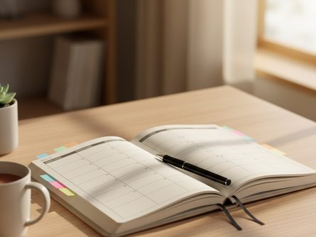 책상 위에 놓인 종이 달력과 펜, 노트북, 커피 잔