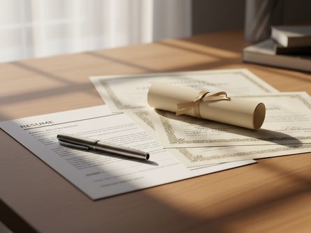 책상 위에 놓인 졸업장과 자격증, 이력서와 볼펜