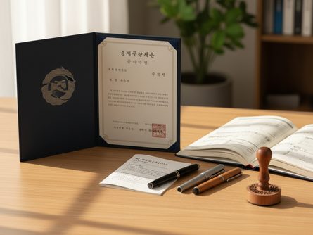 책상 위에 놓인 자격증 홀더와 플래너, 도장, 펜이 정돈되어 있는 모습