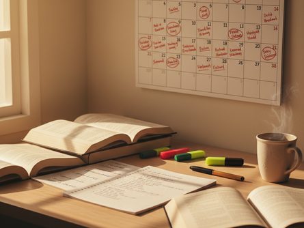 책상 위에 놓인 달력과 형광펜, 메모지, 볼펜이 있는 학습 준비 장면