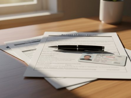 책상 위에 놓인 종이 신청서와 볼펜, 달력, 시계가 함께 배치된 모습