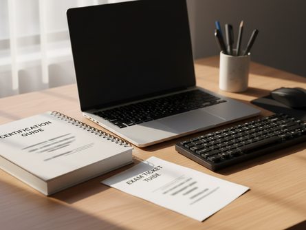 책상 위에 놓인 키보드와 마우스, 노트북, 필기구, 자격증 교재와 수험표