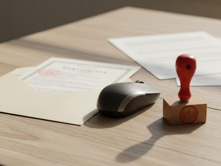 나무 책상 위에 놓인 컴퓨터 마우스와 공인 자격증 봉투, 도장