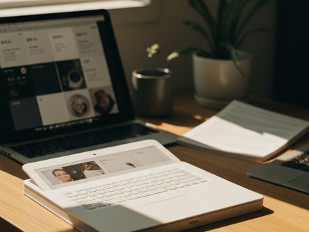 책상 위에 놓인 노트북, 서류철, 펜, 학위 모자 모형이 있는 학습 공간